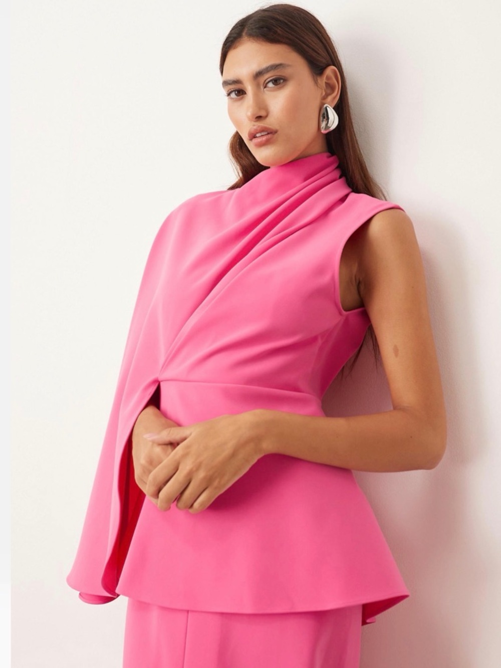 ARRANGE | NWT | 14
 heavy crepe asymmetric sleeve drape panel midi dress in pink - Picture 6 of 6